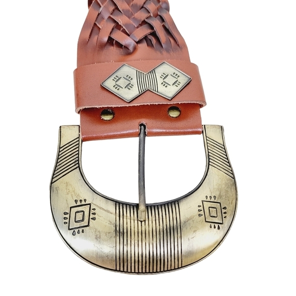 Cabi | Brown Leather Southwestern Bohemian Brass Buckle Wide Woven Braided Belt - Picture 4 of 9